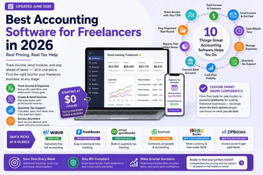 Best Accounting Software for Freelancers in 2026 Real Pricing, Real Tax Help — Updated June 2026 Quarterly taxes don't care that you're three projects deep and behind on invoicing. The best accounting software for freelancers does more than track invoices — it tells you what to set aside for the IRS before the deadline sneaks up on you, something most comparison articles never actually explain. This guide breaks down what each tool costs at real freelance income levels, which ones genuinely help with quarterly estimated taxes, and which platform fits your stage — whether you're testing a side hustle or running an incorporated freelance business. Quick Picks Best Accounting Software for Freelancers Tool Best For Free Tier Starting Price Wave Budget-zero freelancers Yes — full accounting Free (transaction fees apply) FreshBooks Service-based freelancers No (30-day trial) $11month QuickBooks Solopreneur Tax-focused freelancers No $20month Bonsai Contracts + accounting combo No (trial) $25month Zoho Books International freelancers Yes (under $50k revenue) Free $20month ZipBooks Getting paid faster Yes (limited) $15month Side-Gig, Full-Time, or Incorporated Pick Your Stage First No other guide segments this way, and it's the fastest way to narrow your choice. Your tool needs change dramatically as your freelance income grows. • Side-gig freelancer (under $20kyear) You need free or near-free expense tracking, simple invoicing, and basic profit tracking. Wave or Zoho Books' free tier covers this completely. • Full-time freelancer ($20k–$100kyear) Quarterly estimated taxes become a real obligation. You need a tool that calculates and reminds you of payments. QuickBooks Solopreneur or FreshBooks fit here. • Incorporated freelancer ($100k+year) You likely have a bookkeeper involved and need software your CPA can access directly. Full QuickBooks Online or Xero becomes worth the cost. 💡 Quick check Look at your last tax bill. Under $3,000 owed → side-gig tools work fine. $3,000–$15,000 → you need quarterly tax support. Above that → talk to an accountant about incorporating. How to Choose 5 Questions Before You Sign Up • Does it actually help with quarterly estimated taxes Far fewer tools calculate what you owe quarterly or remind you before the deadline than you'd expect. • What's the real cost including payment processing fees A 'free' tool charging 2.9% per payment isn't free once you're collecting $80kyear through it. • Can your accountant access it directly Confirm accountant-level access without sharing your full login if you plan to hire help later. • Does it handle multi-currency Confirm native support if you invoice international clients, rather than manual conversion math. • Can you export everything if you switch later Confirm full CSV or accounting-standard export before committing. Best Accounting Software for Freelancers Tool Reviews Wave — Best Free Option for Budget-Zero Freelancers Best for Side-gig and early-stage freelancers Genuinely free Yes — full double-entry accounting at no monthly cost Cost ~$0year + transaction fees (2.9% + $0.60card, 1% ACH) Wave is the most complete free accounting tool available to freelancers, not a stripped-down trial dressed up as free. The dashboard shows cash flow, bank balances, and a profit and loss graph without ever asking for a credit card. ✅ Pro Genuinely free core accounting, not a 14-day trial. The friendliest learning curve on this list. ⚠️ Con No built-in quarterly tax calculator — you'll need to estimate manually or pair it with a separate tax tool. 🏆 Verdict Best starting point for any freelancer earning under $30kyear who wants real financial planning tools without spending a cent. 💡 Tip If you're testing whether freelancing is sustainable before going full-time, start with Wave's free tier and revisit once you cross consistent $2,000+ months. QuickBooks Solopreneur — Best for Quarterly Tax Tracking Best for Full-time freelancers who want tax season handled automatically Genuinely free No Cost ~$240year ($20month) Built specifically around the tax problem other tools ignore. Onboarding asks for your industry to surface relevant write-offs, and receipts get scanned via OCR so expenses categorize themselves automatically. ✅ Pro The only tool here that calculates and tracks quarterly estimated taxes as a core, built-in feature. ⚠️ Con Limited compared to full QuickBooks Online — no payroll, no inventory, doesn't scale well once incorporated. 🏆 Verdict Best choice for full-time freelancers whose biggest pain point is staying ahead of the IRS. FreshBooks — Best for Service-Based Freelancers and Consultants Best for Consultants, designers, anyone billing by project or hour Genuinely free No (30-day free trial) Cost ~$132–$300year depending on tier and client count Built its reputation on invoicing and time tracking. Track time directly against a project, pin hours to a client, and convert tracked time into an invoice in two clicks. ✅ Pro The cleanest, most intuitive invoicing experience available — clients consistently comment on how professional invoices look. ⚠️ Con Pricing scales by client count, not just features, so consultants with 15+ active clients hit higher tiers fast. 🏆 Verdict Best for service-based freelancers whose core workflow is tracking billable time and sending polished invoices. 💡 Tip FreshBooks now offers a Payroll add-on if you start subcontracting work — useful the moment your freelance business starts hiring help. Bonsai — Best All-in-One for Contracts Plus Accounting Best for Freelancers who want contracts, proposals, and bookkeeping in one subscription Genuinely free No (free trial available) Cost $25month (Pro plan) Goes beyond pure accounting by bundling contract templates, proposal generation, and automated client onboarding alongside bookkeeping tools. ✅ Pro The only tool here that handles legal contracts and accounting in a single subscription. ⚠️ Con Accounting depth is lighter than FreshBooks or QuickBooks — prioritizes breadth over deep financial reporting. 🏆 Verdict Best for new freelancers who want one tool covering contracts, proposals, and basic bookkeeping. Zoho Books — Best for International and Multi-Currency Freelancers Best for Freelancers with clients outside their home country Genuinely free Yes — under $50,000 in annual revenue Cost $20month above the free threshold Handles multi-currency invoicing natively, a feature several competitors treat as an afterthought. If you invoice in euros, pounds, or any foreign currency, Zoho converts and tracks this without manual math. ✅ Pro Best native multi-currency support of any tool here, plus a real free tier for early-stage international freelancers. ⚠️ Con Steeper initial learning curve than Wave or FreshBooks, and US-specific tax features are less developed. 🏆 Verdict Best choice for freelancers working primarily with international clients who need real multi-currency accounting. ZipBooks — Best for Getting Paid Faster Best for Freelancers whose biggest pain point is late-paying clients Genuinely free Yes, with limited features Cost $15month (Smarter plan) Standout feature is its Invoice Score — a real-time rating of how complete and payment-friendly your invoice is, based on factors like payment options, clear terms, and a polished note. ✅ Pro The Invoice Score feature is unique among every tool here and directly addresses getting paid on time. ⚠️ Con Reporting and tax features are lighter than QuickBooks or FreshBooks — better as a secondary tool. 🏆 Verdict Worth considering if late payments are your biggest operational headache, paired with a more robust tax tool. Quarterly Estimated Taxes The Section Every Other Guide Skips If you're self-employed and expect to owe more than $1,000 in taxes for the year, the IRS requires quarterly estimated payments — and missing them triggers penalties even if you pay in full come April. • Wave No built-in quarterly tax calculator. Manually estimate roughly 25–30% of net income or use the IRS Form 1040-ES worksheet. • QuickBooks Solopreneur Calculates estimated quarterly tax liability automatically and sends reminders ahead of each IRS deadline. • FreshBooks Generates profit and loss reports you can hand to an accountant, but doesn't calculate quarterly payments natively. • Bonsai No native quarterly tax calculator, though the financial dashboard simplifies manual estimation. • Zoho Books No automated US quarterly tax calculation — better suited to international tax complexity. 💡 Try this now Set a recurring calendar reminder two weeks before each IRS quarterly deadline (April 15, June 15, September 15, January 15) regardless of whether your software reminds you. AI-Native Bookkeeping Features in 2026 This is genuinely new territory, and not one of the major freelancer accounting comparisons currently covers it. AI expense categorization Several tools now learn your specific spending patterns rather than relying on generic category rules. AI-generated profit and loss summaries Ask a plain-language question like 'how did I do this quarter' and get a written summary instead of a spreadsheet. AI tax-deduction finders AI-driven analysis can flag deductions you may have missed based on patterns in your specific spending. 💡 Get started When evaluating any tool in 2026, ask directly whether AI features are included in your current tier or gated behind a higher-priced plan. Full Comparison Table Real Cost and Tax Support Tool Free Tier Cost at $50k Revenue Quarterly Tax CPA Access Wave Yes (full) ~$0 + fees No (manual) Limited QuickBooks Solopreneur No ~$240yr Yes (auto) Yes FreshBooks No (trial) ~$132–$300yr No (reports) Yes Bonsai No (trial) ~$300yr No (manual) Limited Zoho Books Yes ($50k) $0–$240yr No (intl) Yes ZipBooks Yes (limited) ~$180yr No Limited International Freelancers What to Look For If you work with clients across borders, your accounting needs differ from a domestic freelancer in ways most US-centric guides ignore entirely. • Multi-currency invoicing should convert and track foreign currency payments automatically. Zoho Books leads here among the tools in this guide. • Cross-border payment fees vary by platform — confirm the total fee stack including foreign transaction fees before committing. • Tax treaty awareness matters for clients in countries with tax treaties — consult a tax advisor familiar with international freelance income. • Language and localization matters if any workflow needs to happen outside English — Zoho Books' broader localization is a genuine differentiator. Common Deductions These Tools Help You Track Beyond categorizing expenses, the real value of good expense tracking is catching deductions freelancers commonly miss. • Home office deduction Tools with receipt scanning (FreshBooks, QuickBooks Solopreneur) make it easier to isolate this percentage consistently. • Software and subscriptions Generally deductible — AI-categorization increasingly catches these automatically. • Mileage and travel QuickBooks Solopreneur includes built-in mileage tracking via its mobile app. • Health insurance premiums Typically requires coordination with a tax preparer rather than automatic detection. • Retirement contributions SEP-IRA and Solo 401(k) contributions reduce taxable income — worth a conversation with a financial advisor. 💡 Explore further None of the tools in this guide replace a tax professional for complex deductions. Use the software for day-to-day tracking, and bring a clean year-end report to a CPA. Recordkeeping What the IRS Actually Requires • Keep every receipt for business expenses over $75, ideally everything — OCR scanning removes the friction of doing this consistently. • Separate business and personal accounts if you haven't already — mixing the two is the biggest reason freelancer books become unmanageable. • Retain records for at least three years, though many accountants recommend seven given IRS audit windows. • Track payment method alongside every transaction — important for reconciling against bank statements. FAQ Accounting Software for Freelancers What is the cheapest accounting software for freelancers Wave is the cheapest genuinely complete option — full double-entry accounting at no monthly cost, with fees only applied to actual payment transactions. Zoho Books is free for freelancers under $50,000 in annual revenue. Does Wave actually handle quarterly taxes No — Wave tracks income and expenses cleanly but doesn't calculate or remind you of quarterly estimated tax payments. You'll need to manually estimate using the IRS Form 1040-ES worksheet. QuickBooks Solopreneur vs. FreshBooks — which should I choose Choose QuickBooks Solopreneur if staying ahead of quarterly estimated taxes is your priority. Choose FreshBooks if your core workflow involves tracking billable hours and sending polished invoices. Is there genuinely free accounting software for self-employed people Yes. Wave offers complete double-entry accounting at no cost. Zoho Books is free for freelancers under $50,000 in annual revenue. Both are real, supported products — not time-limited trials. What accounting tools do freelancers need first Start with whichever free tool matches your situation Wave for domestic freelancers, Zoho Books if you have international clients. Add quarterly tax tracking once your income crosses roughly $20,000–$30,000 a year. Accounting tools for freelancers should scale with you, not force a full migration at every income jump. How do I switch accounting software without losing my financial history Confirm CSV or accounting-standard export support before committing. The real cost of switching isn't lost data — it's the time spent re-categorizing transactions, so plan a clean cutover at the start of a new tax year. Does freelance accounting software help with financial planning beyond taxes Yes, to varying degrees. Tools like Wave and QuickBooks Solopreneur show cash flow trends and profit and loss over time, which supports basic financial planning decisions like whether you can afford a slow month or when to raise your rates. Final Thoughts The best accounting software for freelancers isn't the tool with the most features — it's the one that matches your actual revenue stage and actually helps with the tax obligation that causes the most stress every quarter. Start free with Wave or Zoho Books if you're early-stage. Move to QuickBooks Solopreneur the moment quarterly estimated taxes become a real number on your calendar. Every freelance accounting software comparison will tell you pricing is simple. It rarely accounts for payment processing fees at your actual revenue, or whether the tool helps you avoid an IRS penalty come January. Confirm both before you commit. 💡 Your next step Calculate your actual quarterly tax obligation using last year's net income times roughly 25–30%, then check whether your chosen tool tracks that number automatically. Last updated June 2026. Pricing reflects current published rates and may change — verify directly with each vendor before purchasing. This article is for informational purposes only and does not constitute tax or financial advice; consult a qualified tax professional for guidance specific to your situation.